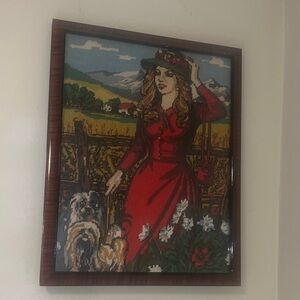 Framed Embroidered Art with Woman in Red Dress